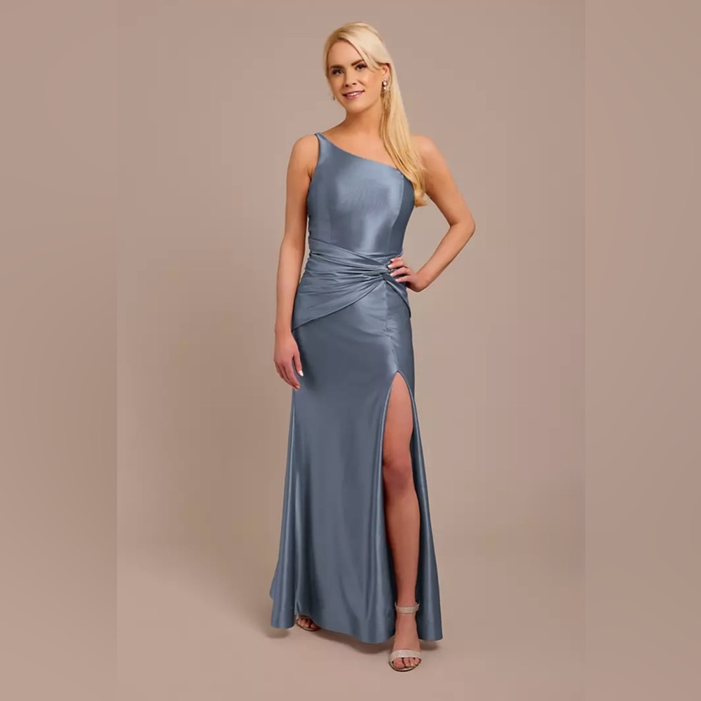 Galena Signature Sculpting Satin One-Shoulder Knot Dress, Steel Blue - Sz. 10